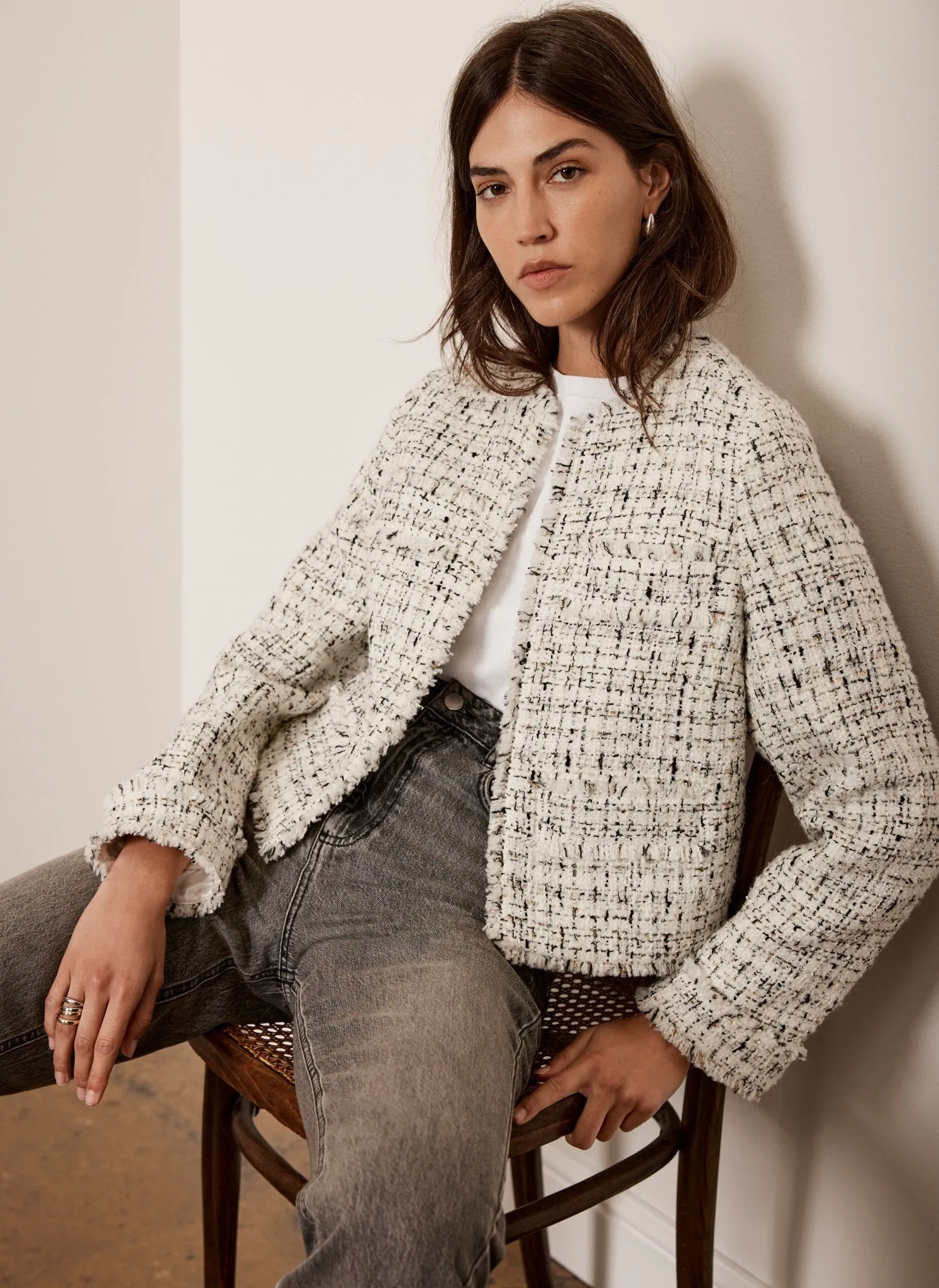 Cream Wool Blend Textured Boucle Jacket sold by Mint Velvet