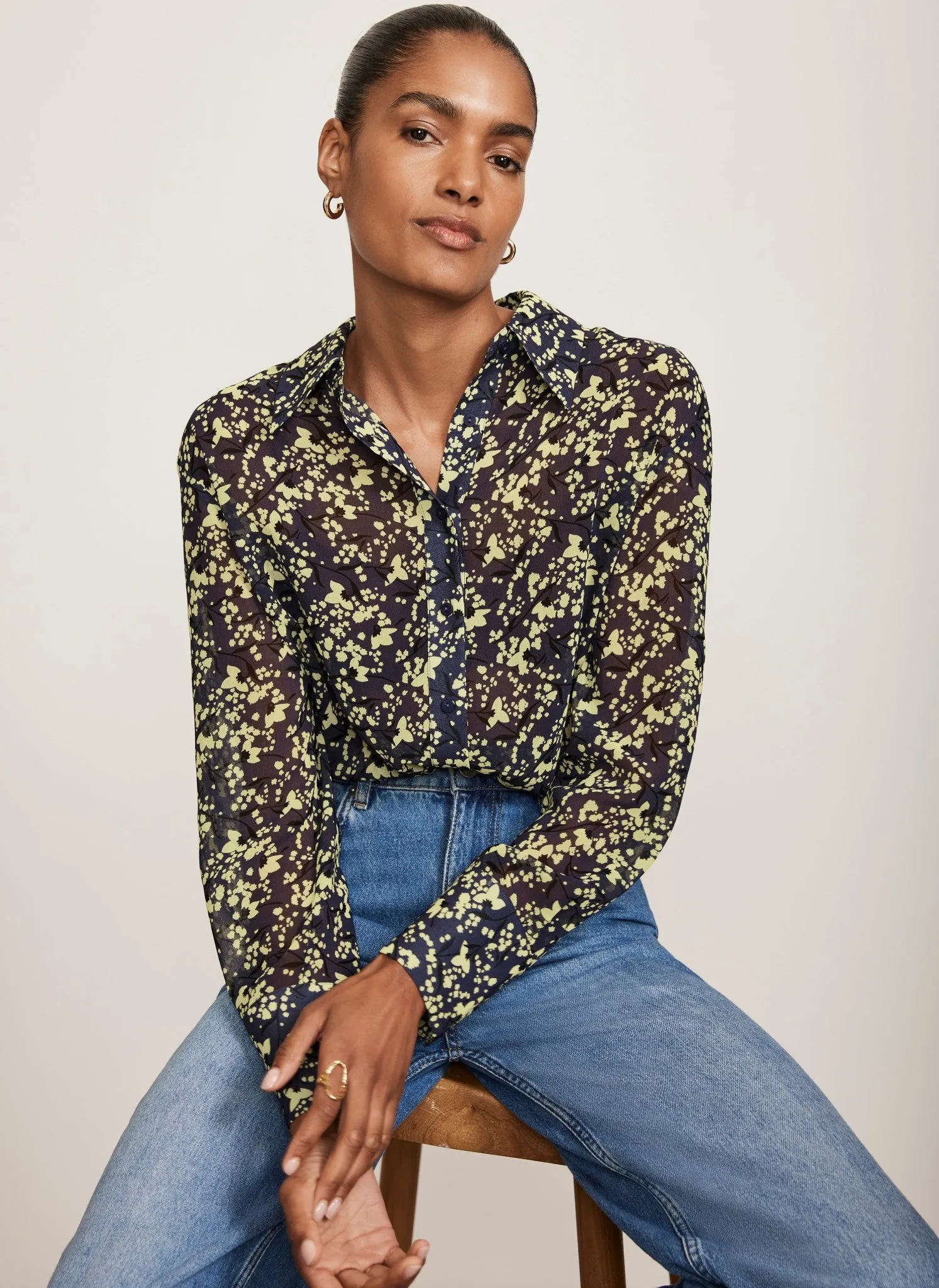Navy Floral Print Longline Shirt sold by Mint Velvet
