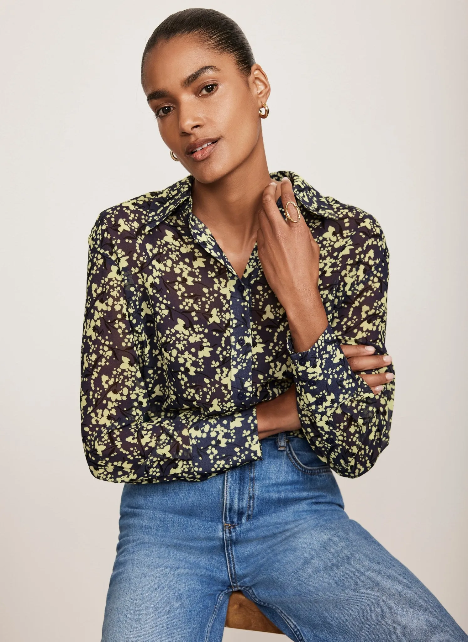 Navy Floral Print Longline Shirt sold by Mint Velvet product image thumbnail 3