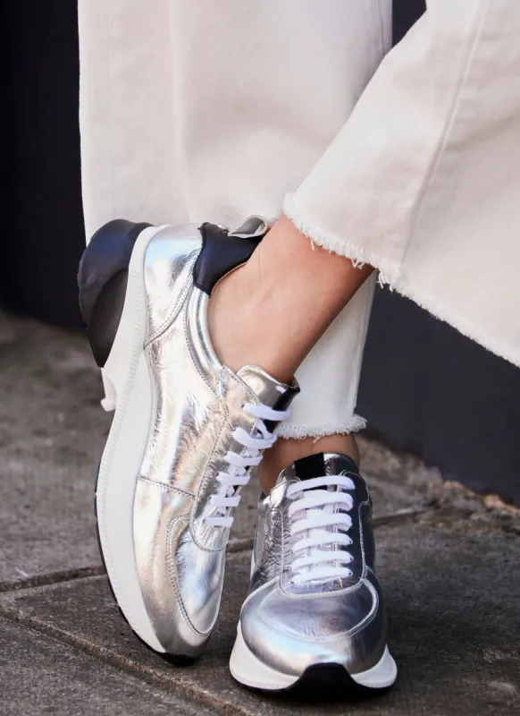 Lyn Silver High Shine Leather Trainers sold by Mint Velvet