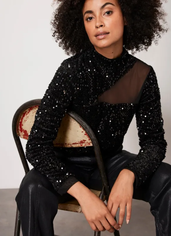 Black Sequin Mesh Top sold by Mint Velvet
