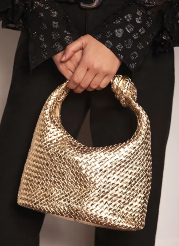 Gold Leather Woven Knot Handle Bag sold by Mint Velvet