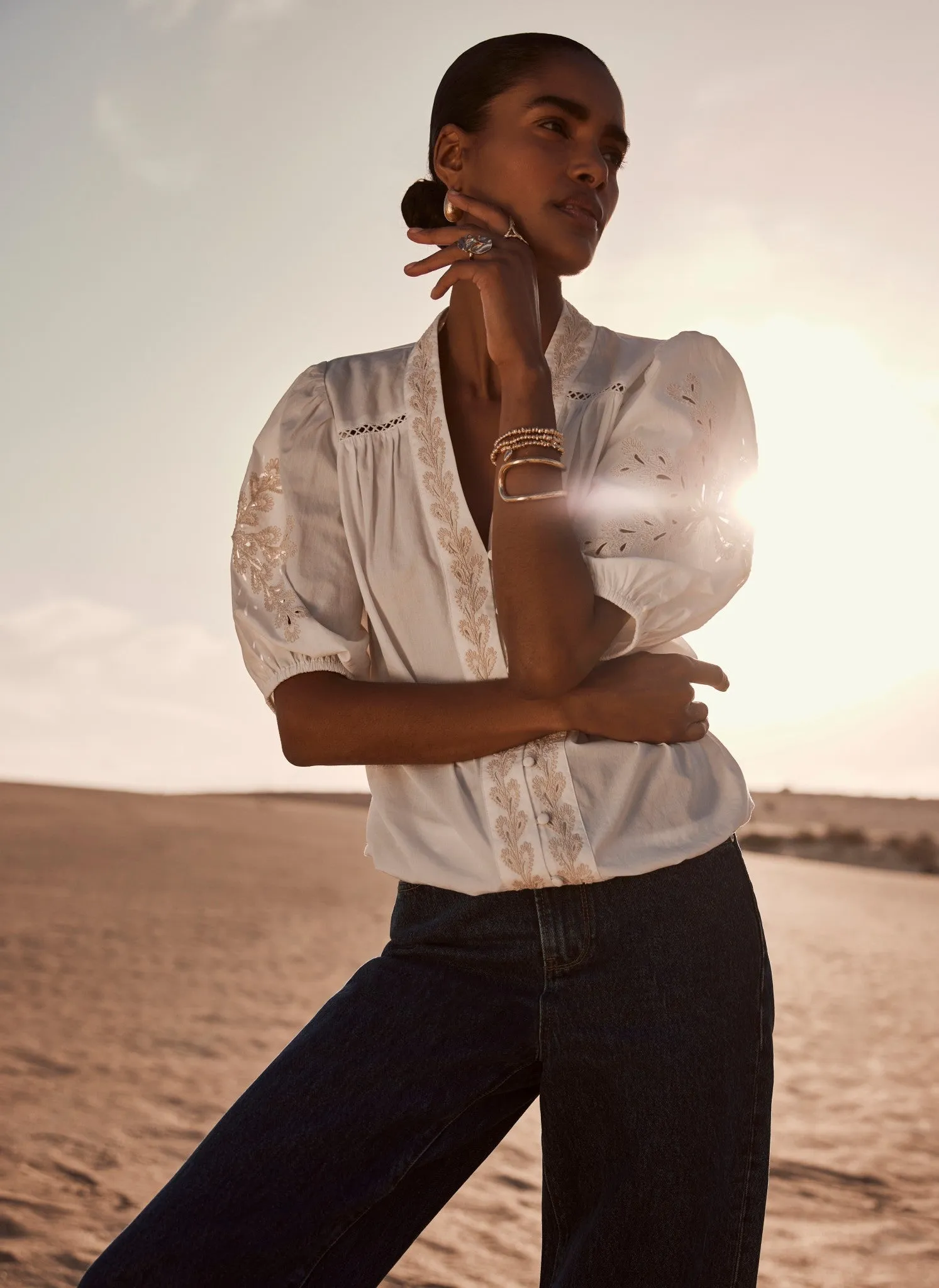 White Cotton Embroidered Blouse sold by Mint Velvet