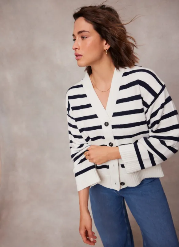 White Cotton Blend Stripe Boxy Cardigan sold by Mint Velvet