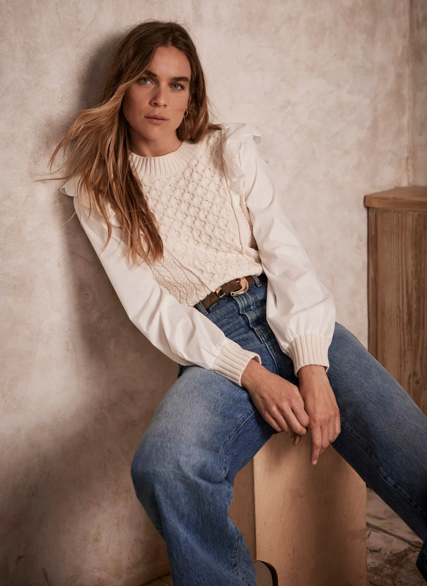 White Cotton Sleeve Knit Jumper sold by Mint Velvet