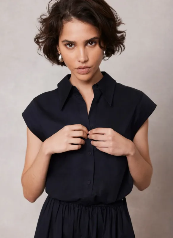 Navy Cotton Cropped Shirt sold by Mint Velvet