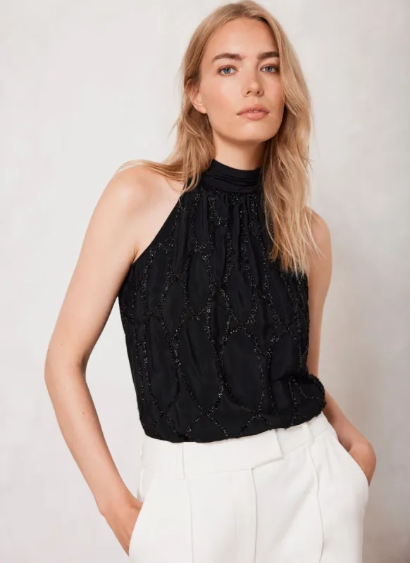 Black Metallic Halter Top made by Mint Velvet