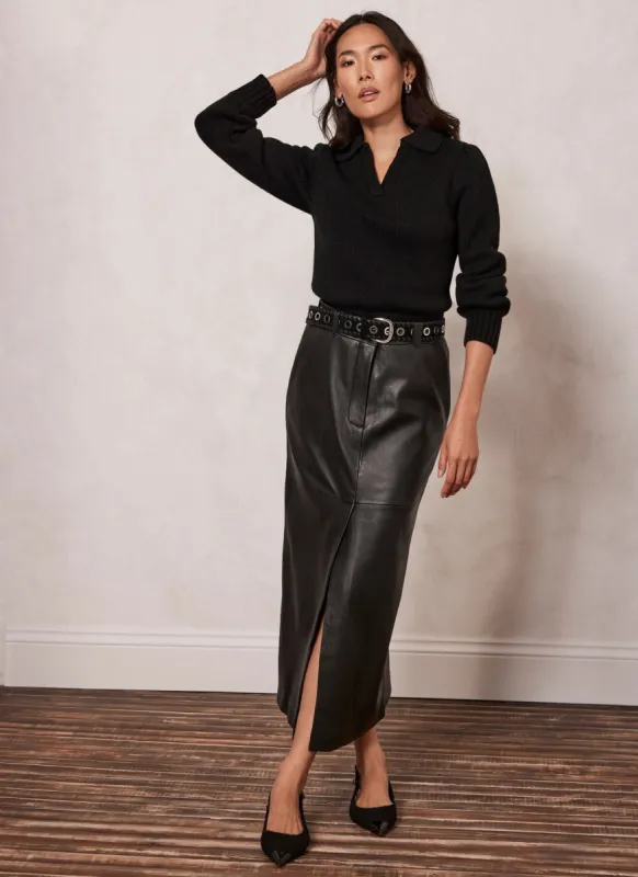 Black Leather Midi Skirt sold by Mint Velvet