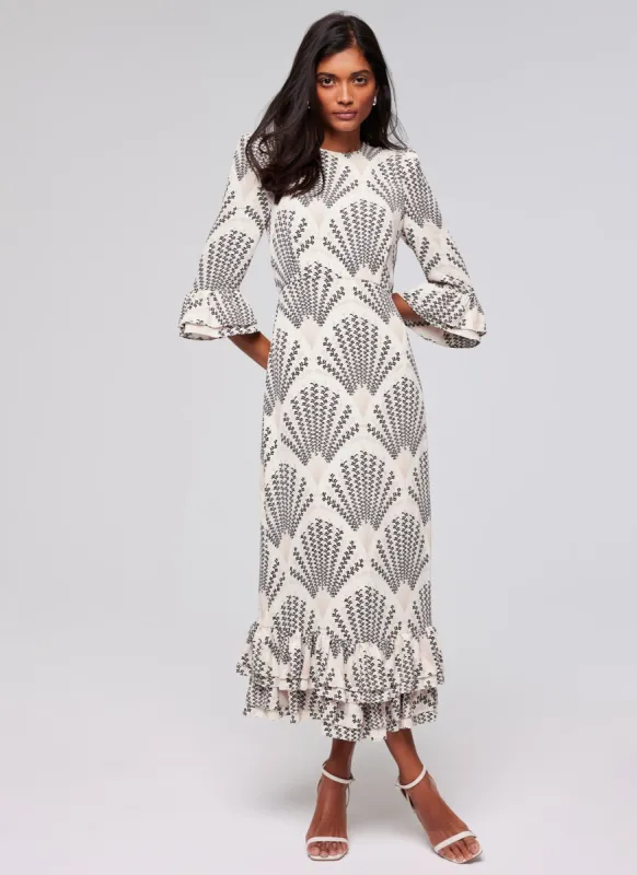Neutral Print Ruffle Midi Dress sold by Mint Velvet