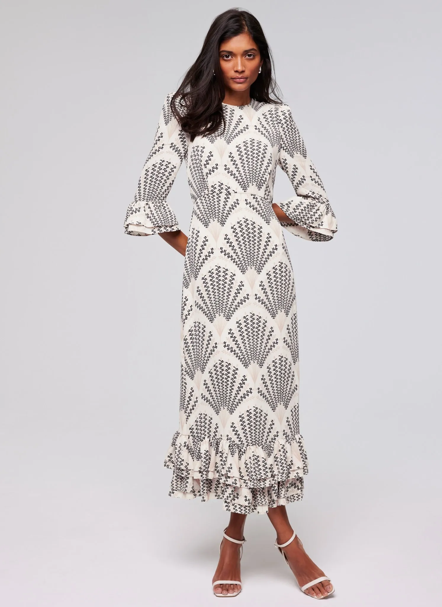 Neutral Print Ruffle Midi Dress sold by Mint Velvet