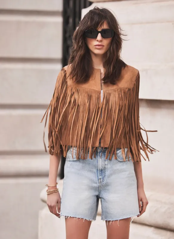 Tan Suede Fringed Waistcoat sold by Mint Velvet