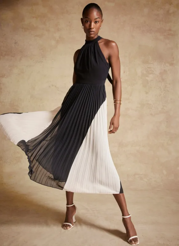 Navy Colour Block Pleat Maxi Dress sold by Mint Velvet