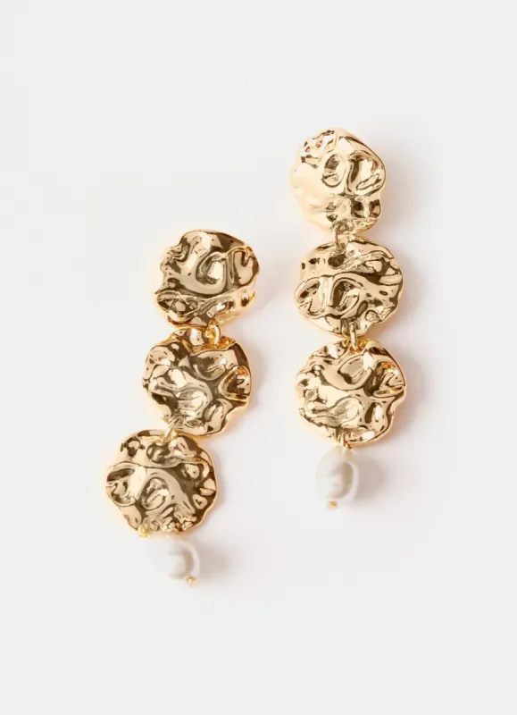 Gold Tone Hammered Disc Pearl Earrings sold by Mint Velvet
