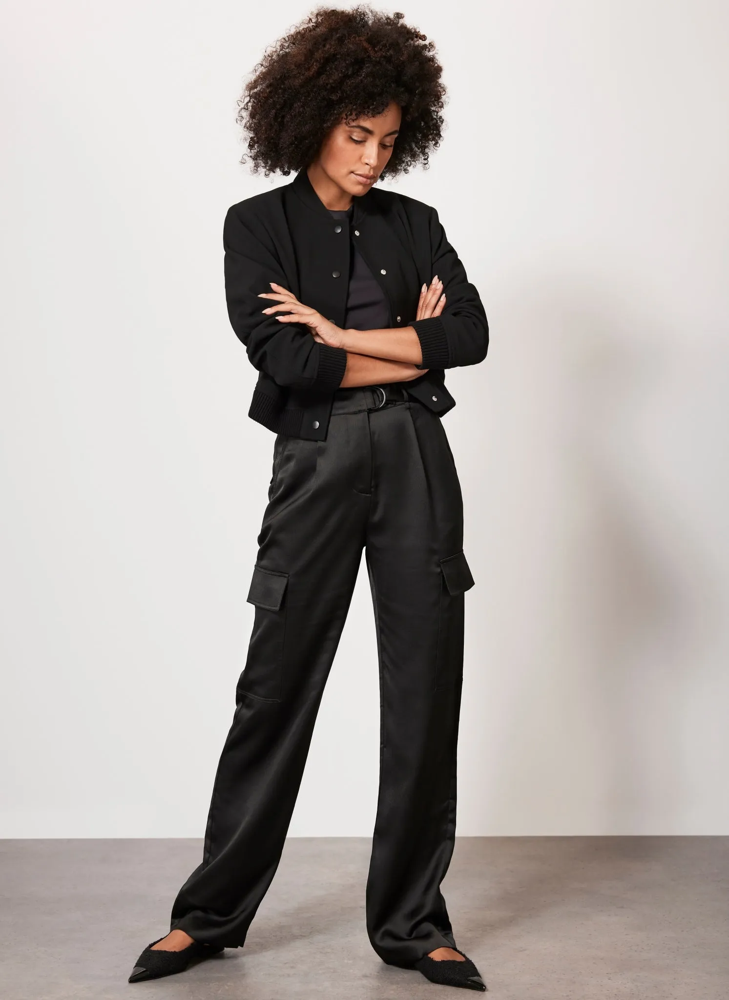 Black Satin Cargo Trousers sold by Mint Velvet
