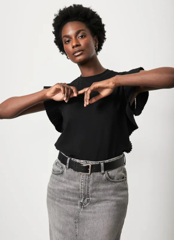 Black Cotton Pleated T-Shirt sold by Mint Velvet