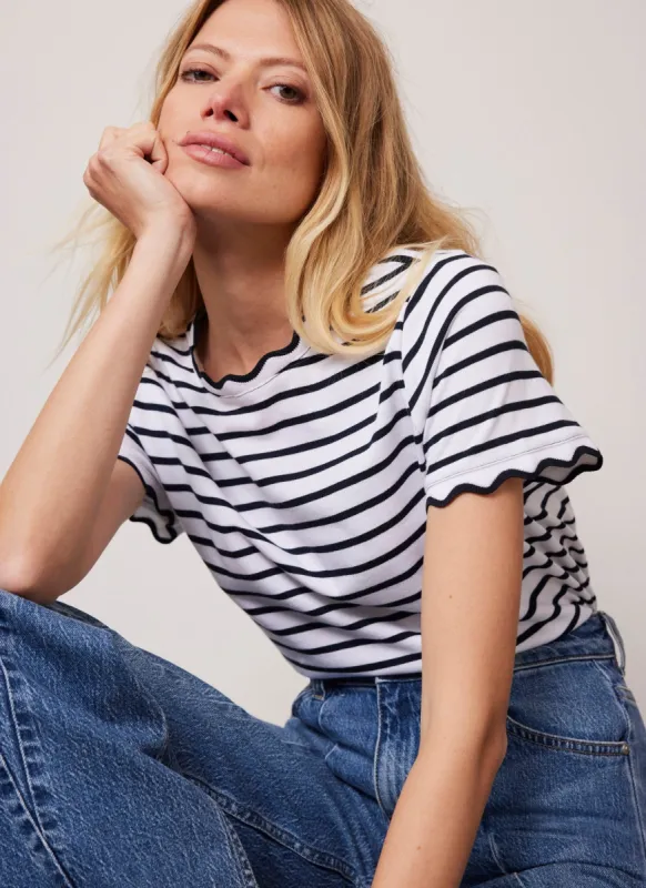 Cream Striped Scallop Trim T-Shirt sold by Mint Velvet
