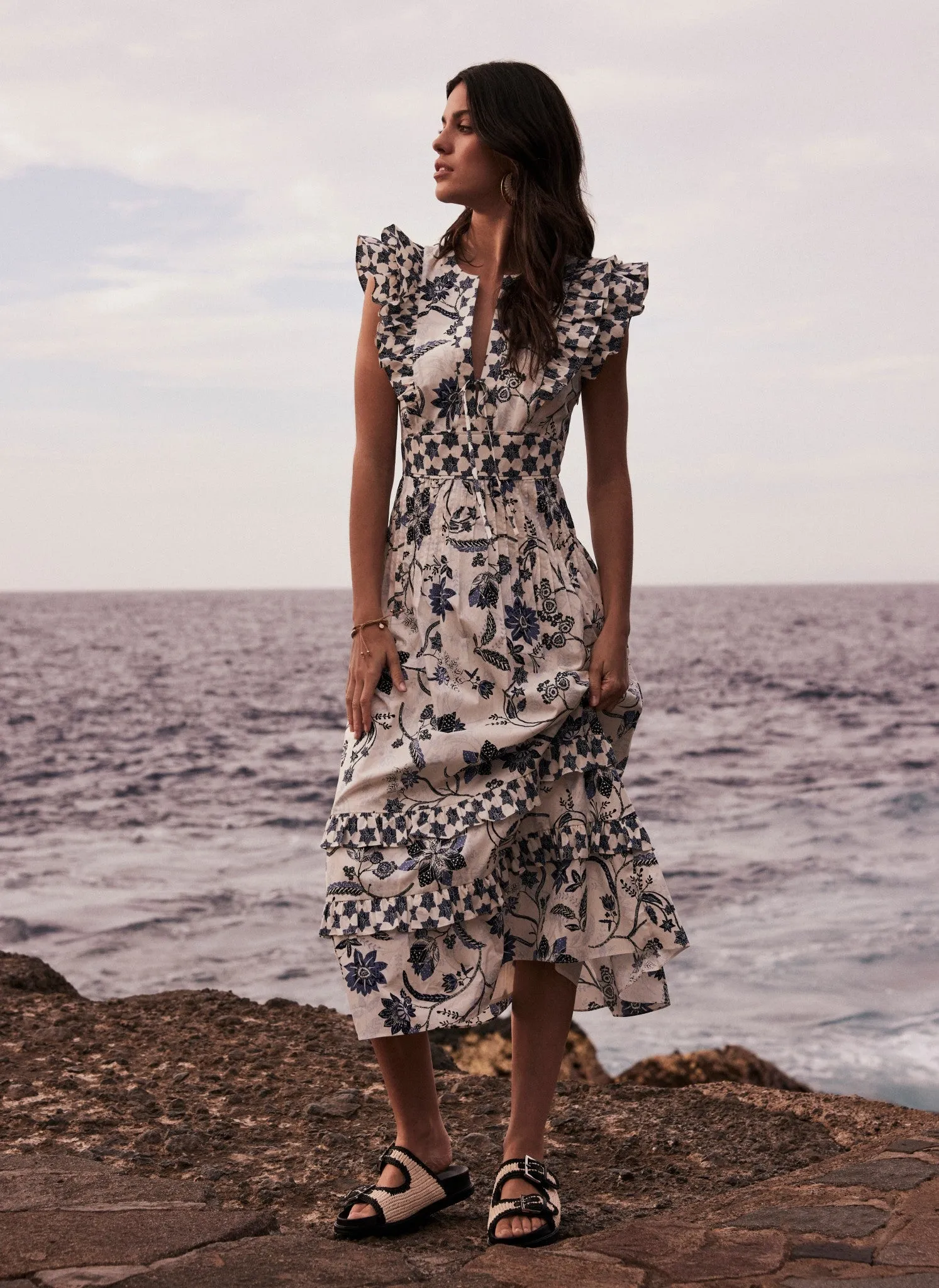 White Floral Ruffle Midi Dress sold by Mint Velvet