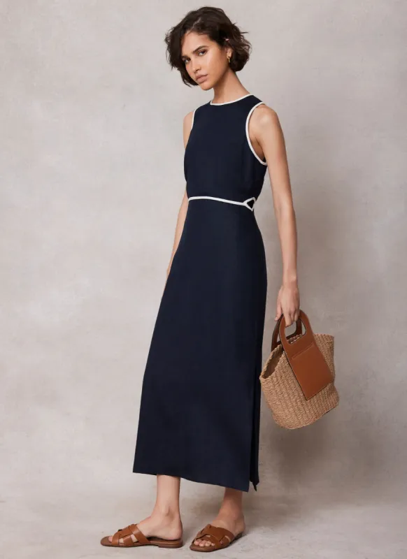 Navy Linen Tipped Column Midi Dress sold by Mint Velvet