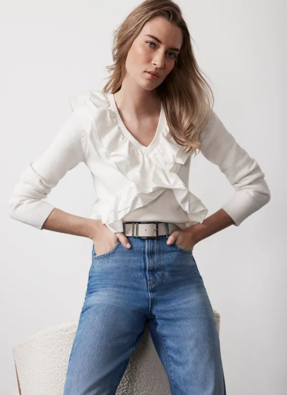 White Cotton Blend Ruffle Jumper sold by Mint Velvet