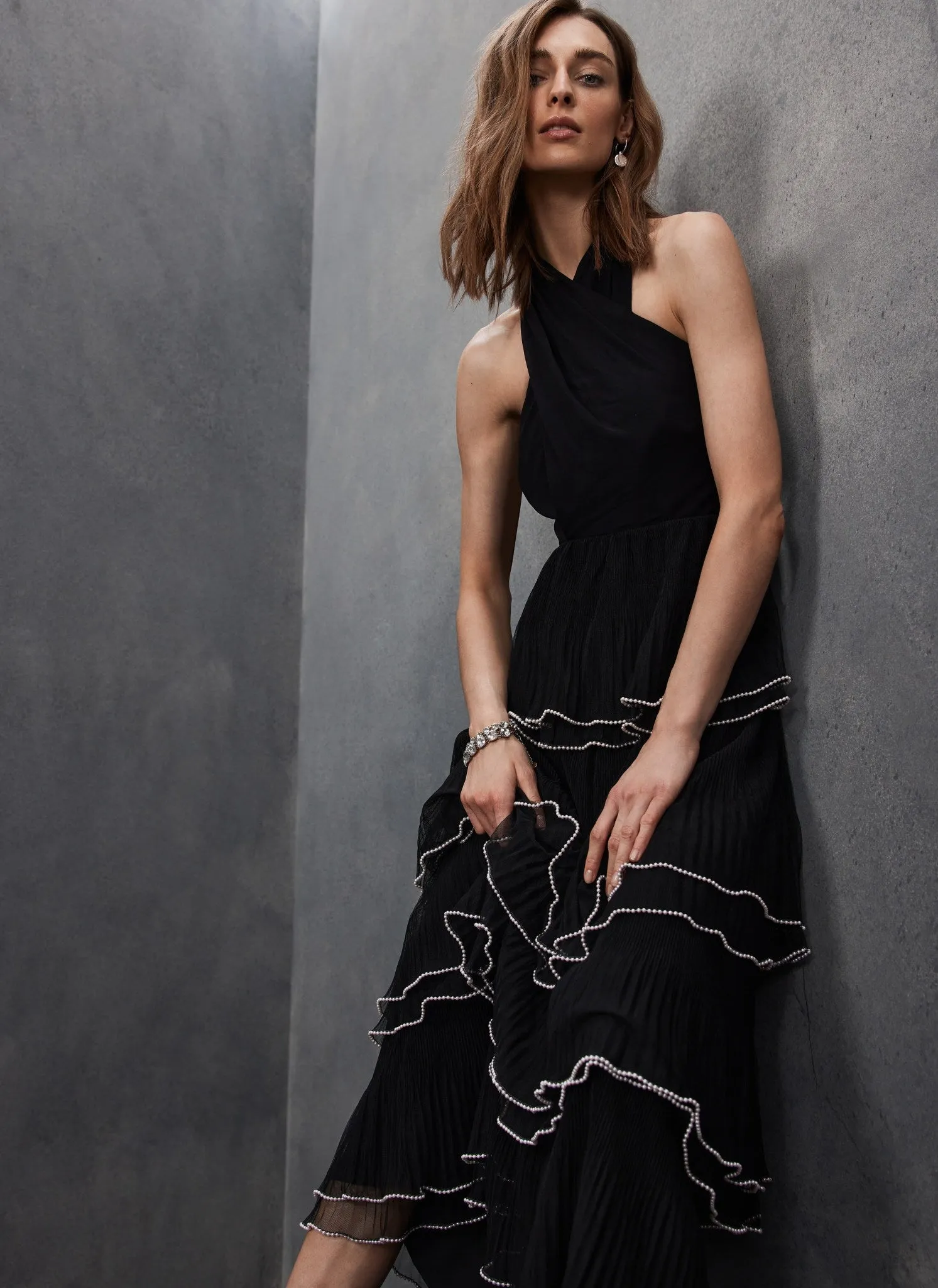 Black Pearl Tiered Maxi Dress sold by Mint Velvet