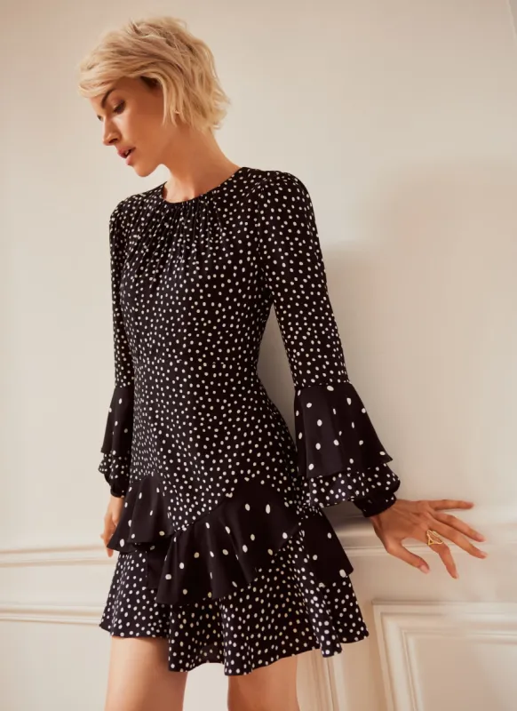 Black Spot Print Ruffle Mini Dress sold by Mint Velvet