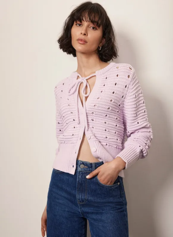 Lilac Cotton Blend Tie Front Cardigan made by Mint Velvet