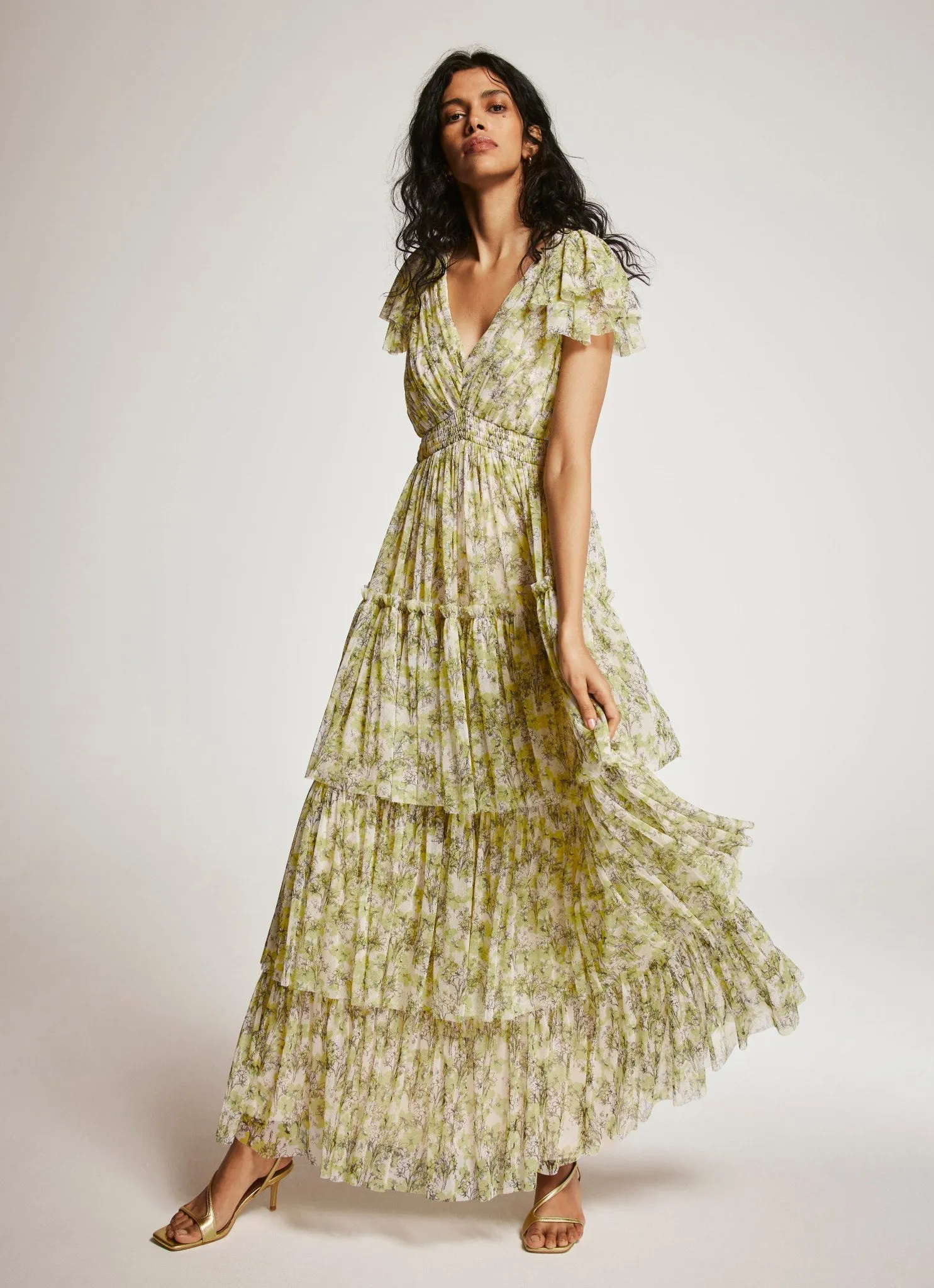 スーツ ELLE MARIAGE TIMEO Yellow Floral Print Tulle Maxi Dress | Parallel