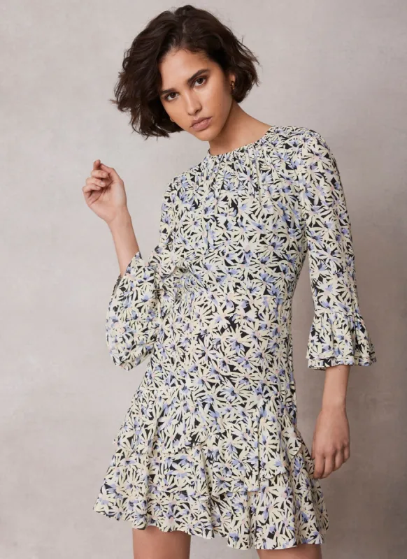 Neutral Floral Print Frill Mini Dress sold by Mint Velvet