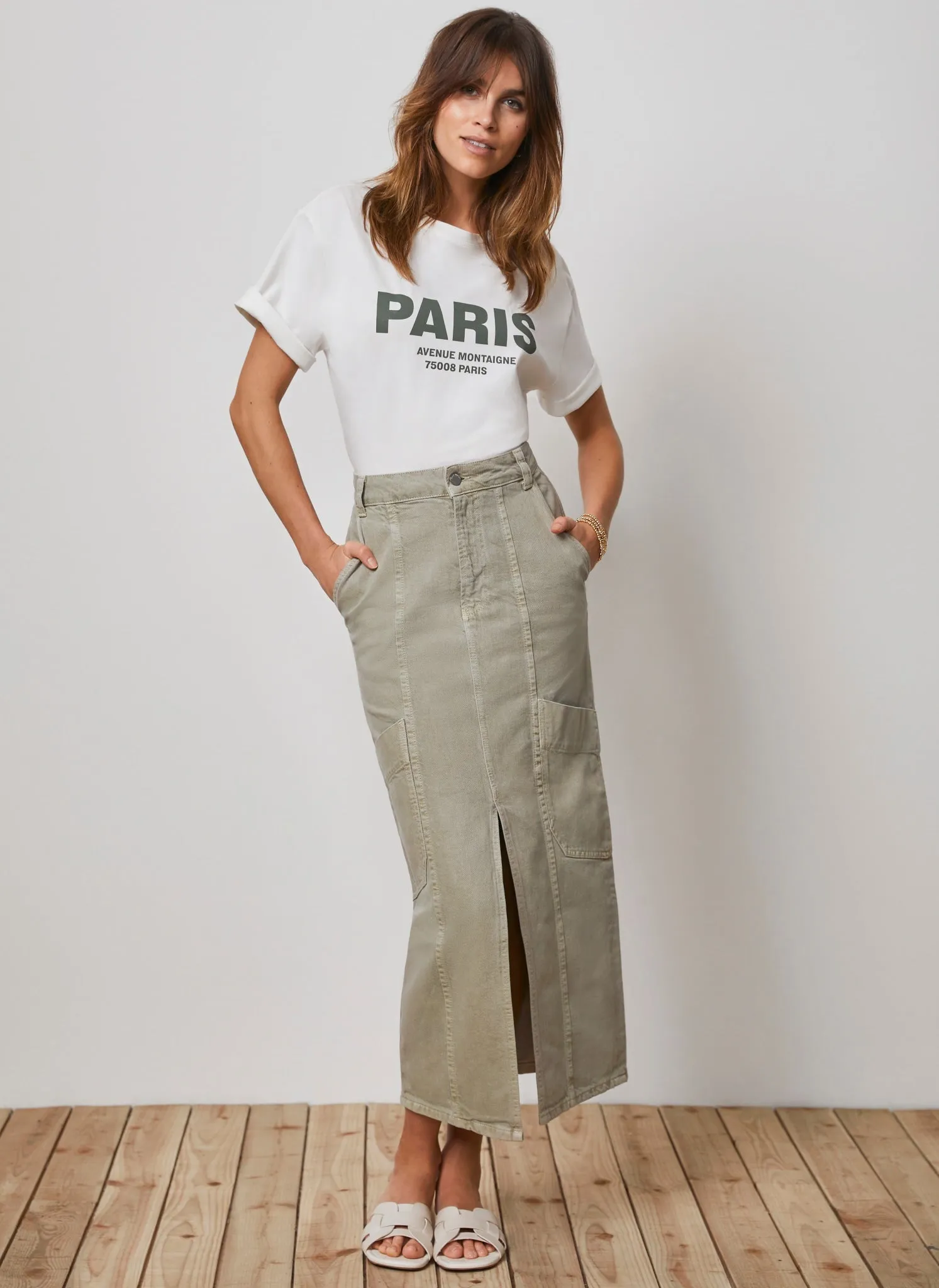 Khaki Cargo Denim Midi Skirt sold by Mint Velvet