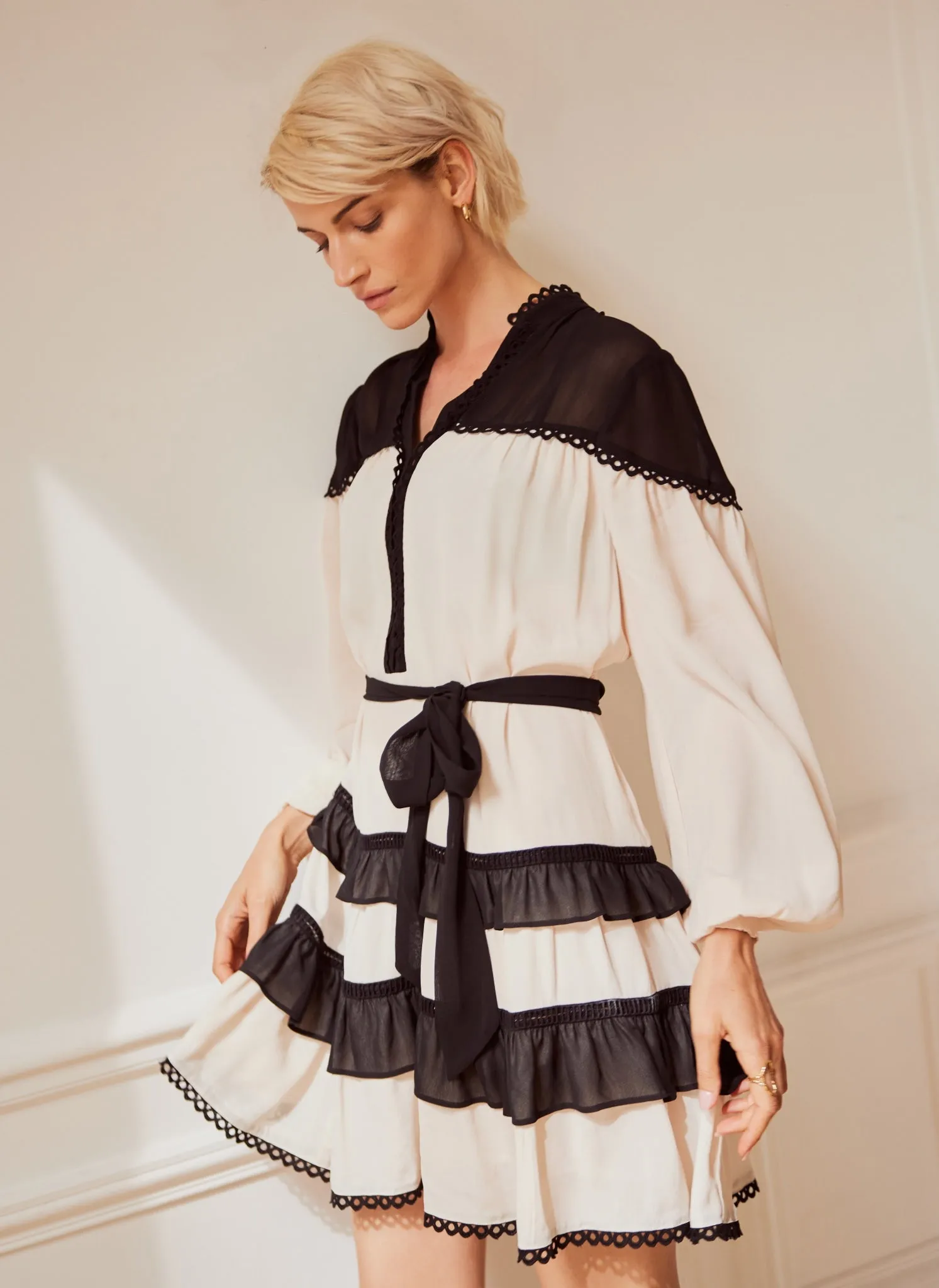 Black Contrast Tiered Mini Dress sold by Mint Velvet product image thumbnail 2