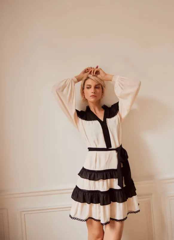 Black Contrast Tiered Mini Dress sold by Mint Velvet
