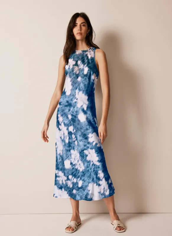 Blue Abstract Floral Print Satin Midi Dress sold by Mint Velvet