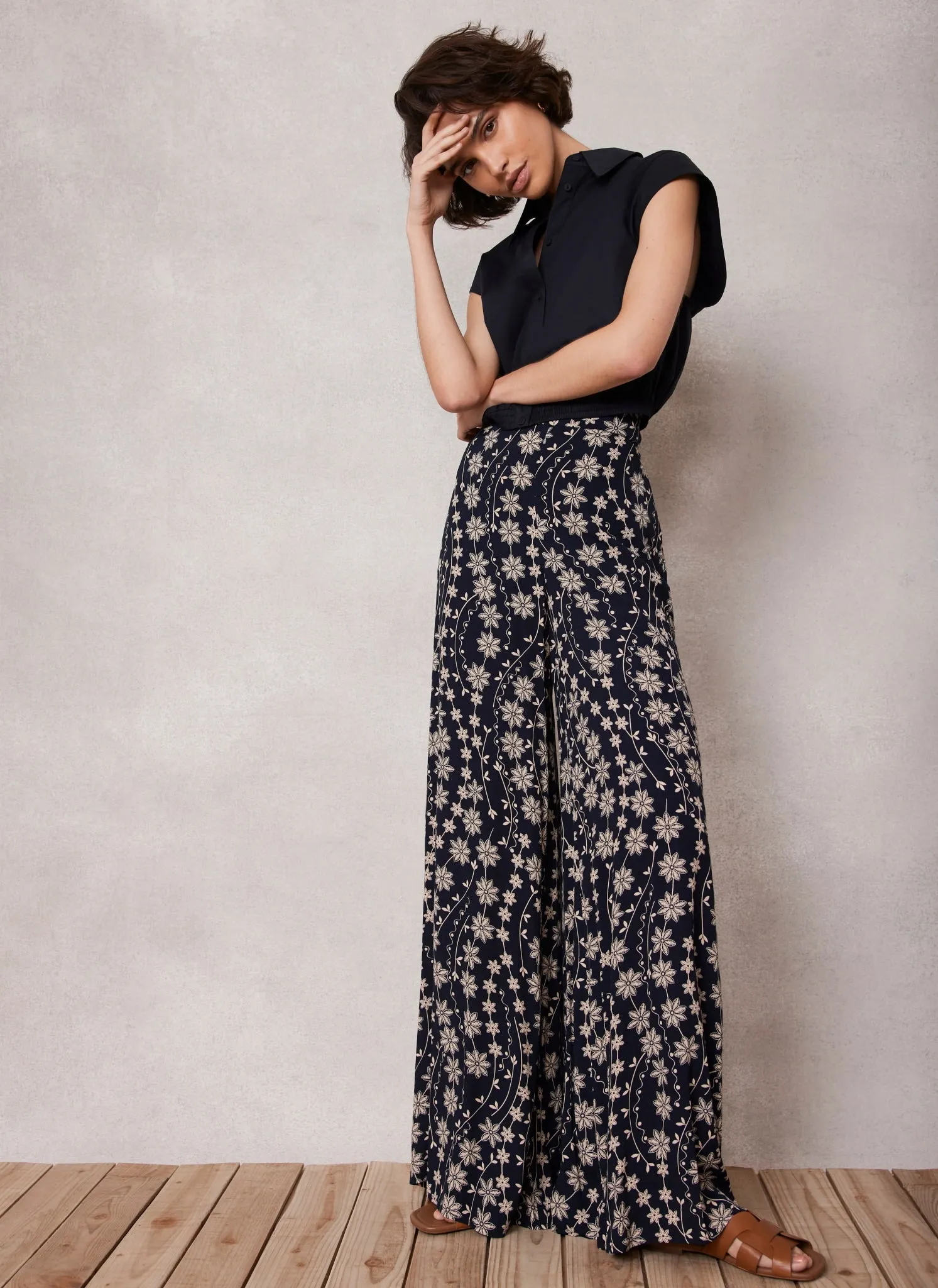 Navy Floral Print Wide Trousers sold by Mint Velvet product image thumbnail 2