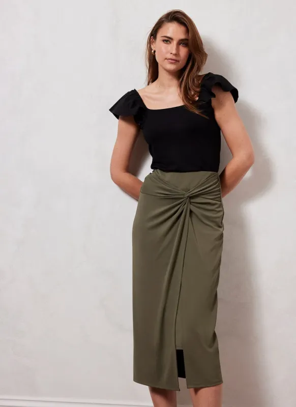 Khaki Knotted Midi Skirt sold by Mint Velvet