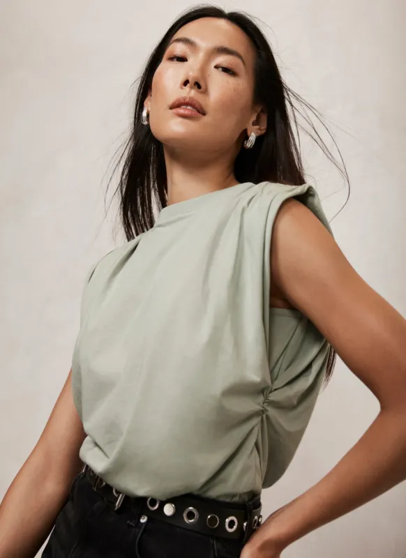 Green Ruched Shoulder T-Shirt sold by Mint Velvet