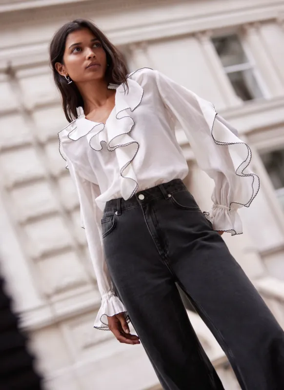 White Contrast Ruffle Blouse sold by Mint Velvet