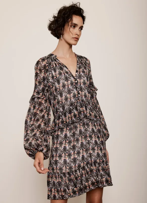 Black Geometric Print Ruffle Mini Dress sold by Mint Velvet