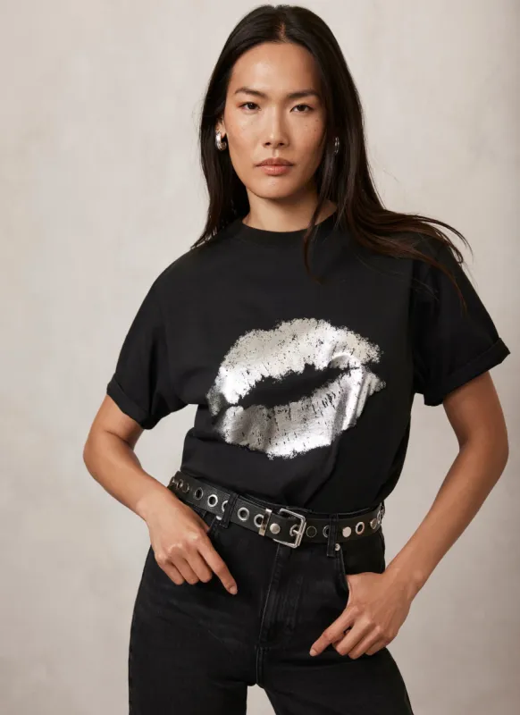 Black Metallic Lips T-Shirt sold by Mint Velvet