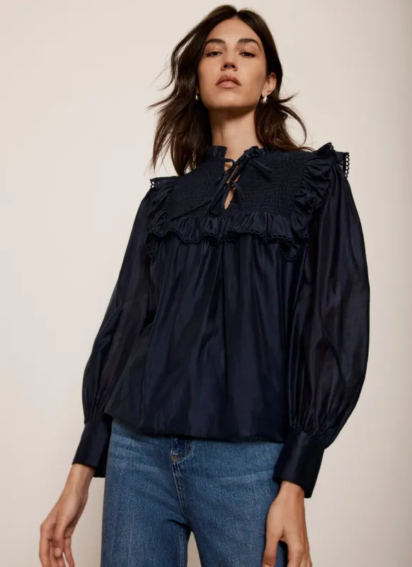 Navy Tie Front Ruffle Blouse sold by Mint Velvet