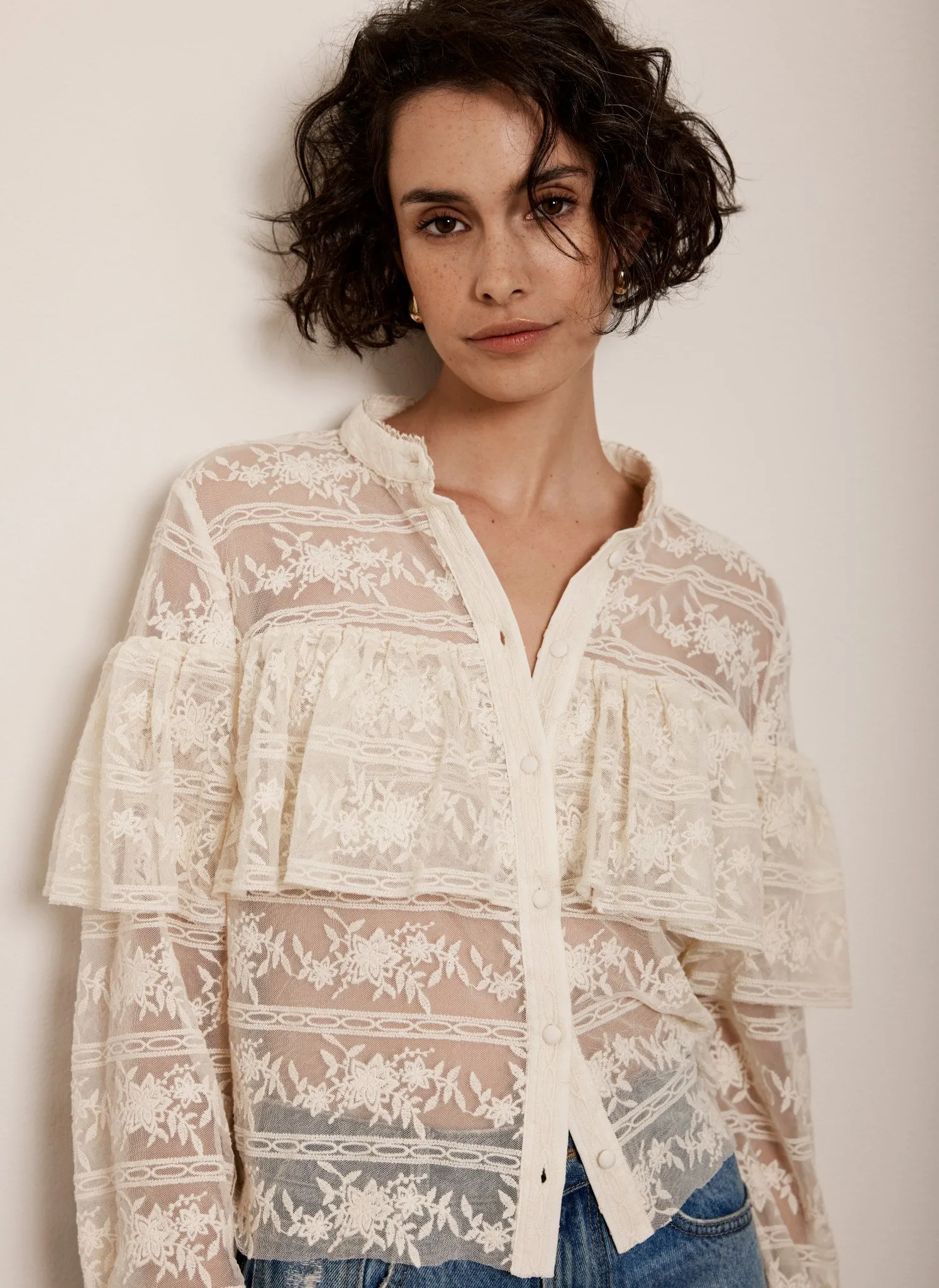 Cream Lace Ruffle Top sold by Mint Velvet