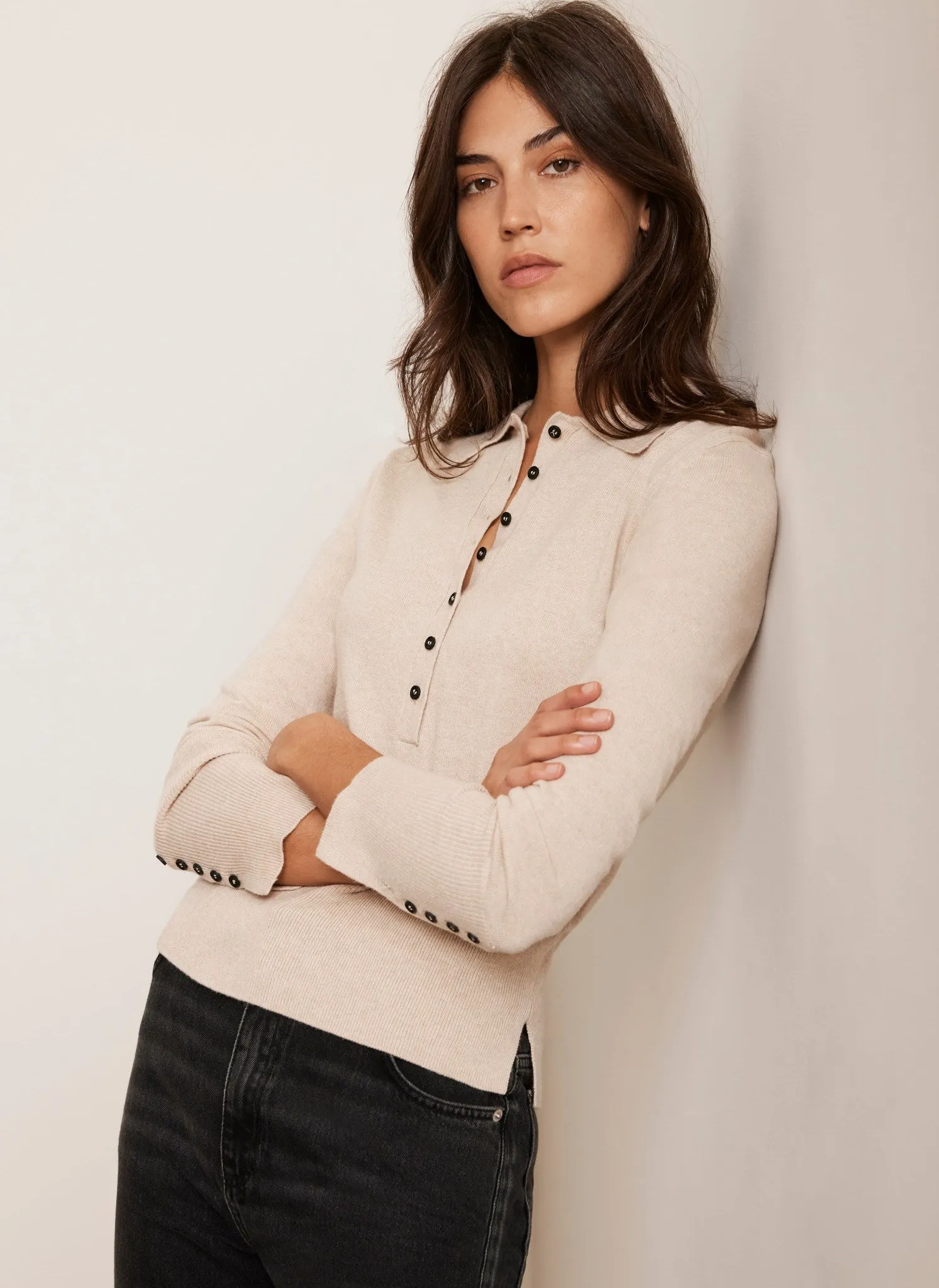Neutral Cotton Blend Polo Knit Top sold by Mint Velvet