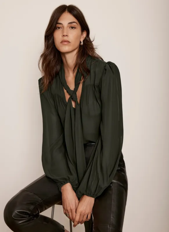 Khaki Tie Neck Blouse sold by Mint Velvet