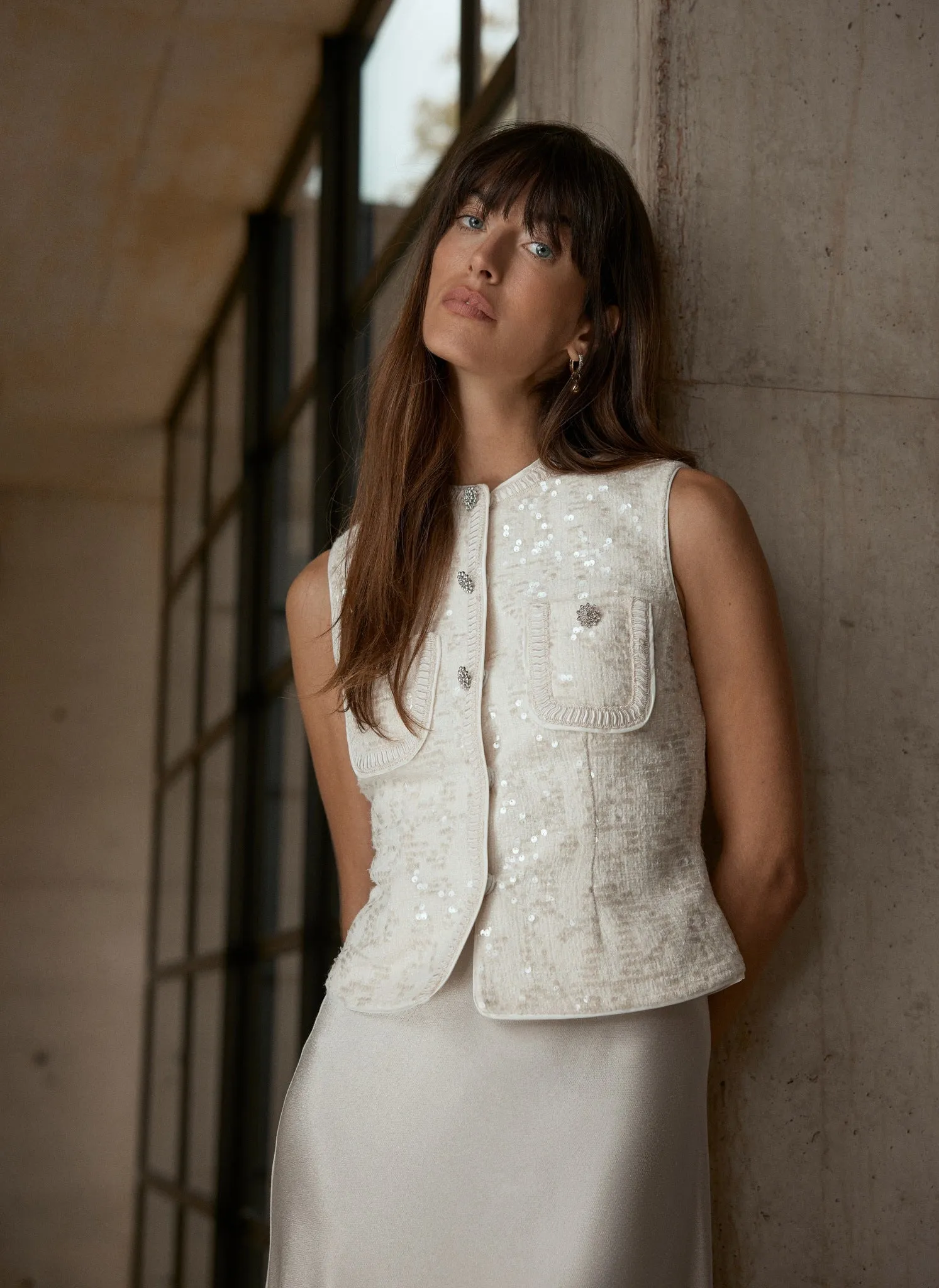 Cream Sequin Boucle Top sold by Mint Velvet