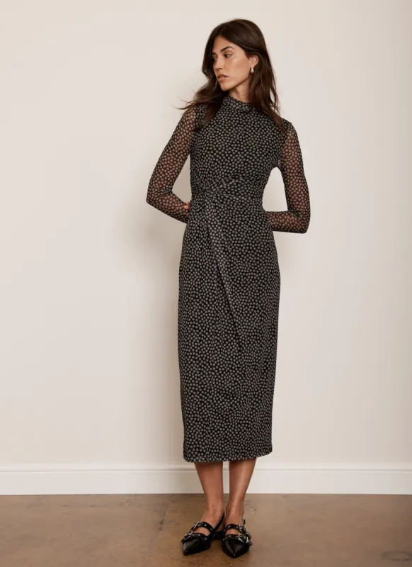 Black Spot Print Knot Mesh Midi Dress sold by Mint Velvet