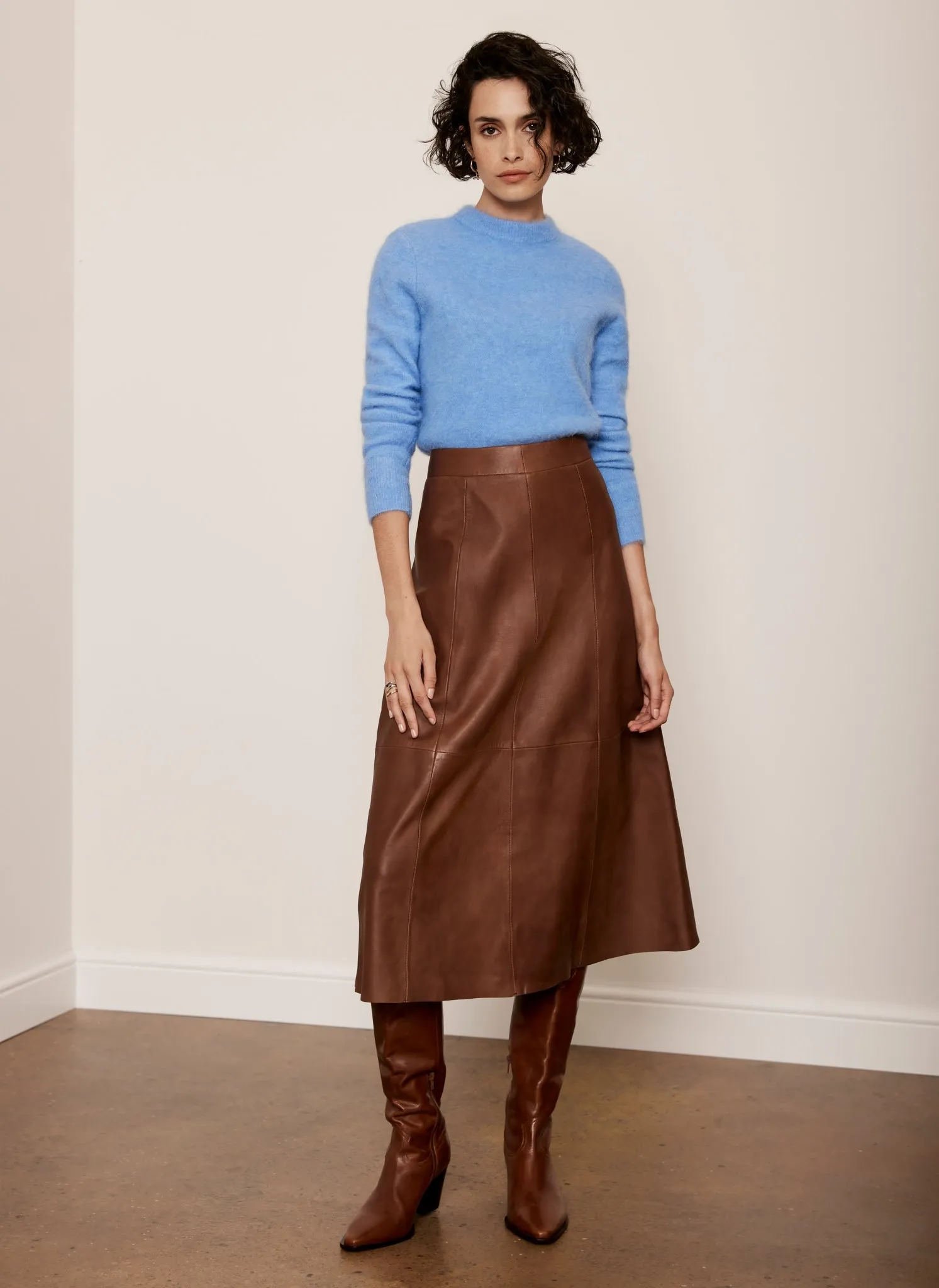 Tan Leather A-Line Midi Skirt sold by Mint Velvet