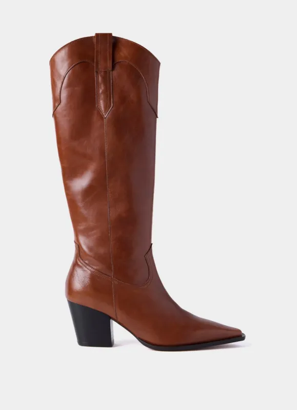 Tan Leather Cowboy Long Boots sold by Mint Velvet
