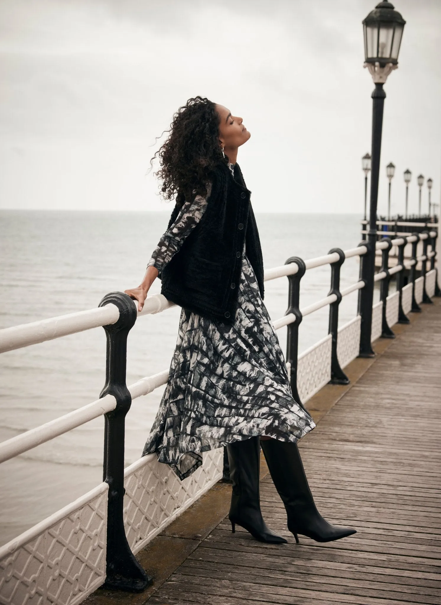 Black Abstract Print Asymmetric Mesh Midi Dress sold by Mint Velvet product image thumbnail 4