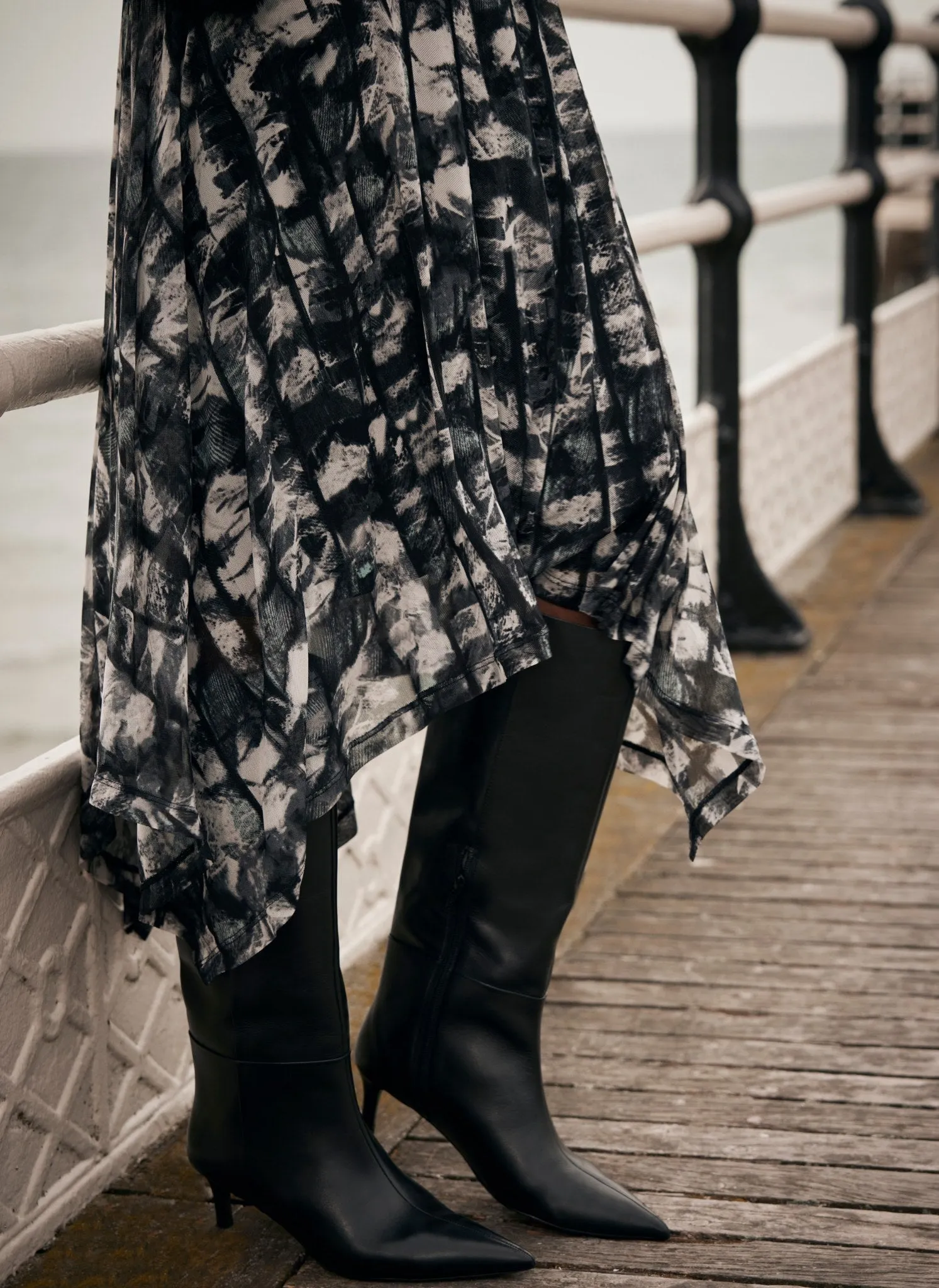 Black Abstract Print Asymmetric Mesh Midi Dress sold by Mint Velvet product image thumbnail 3