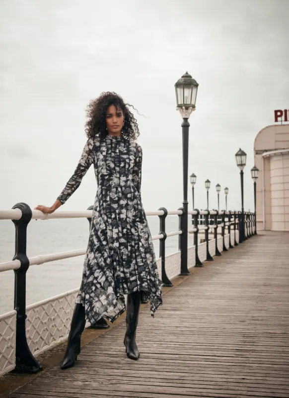 Black Abstract Print Asymmetric Mesh Midi Dress sold by Mint Velvet