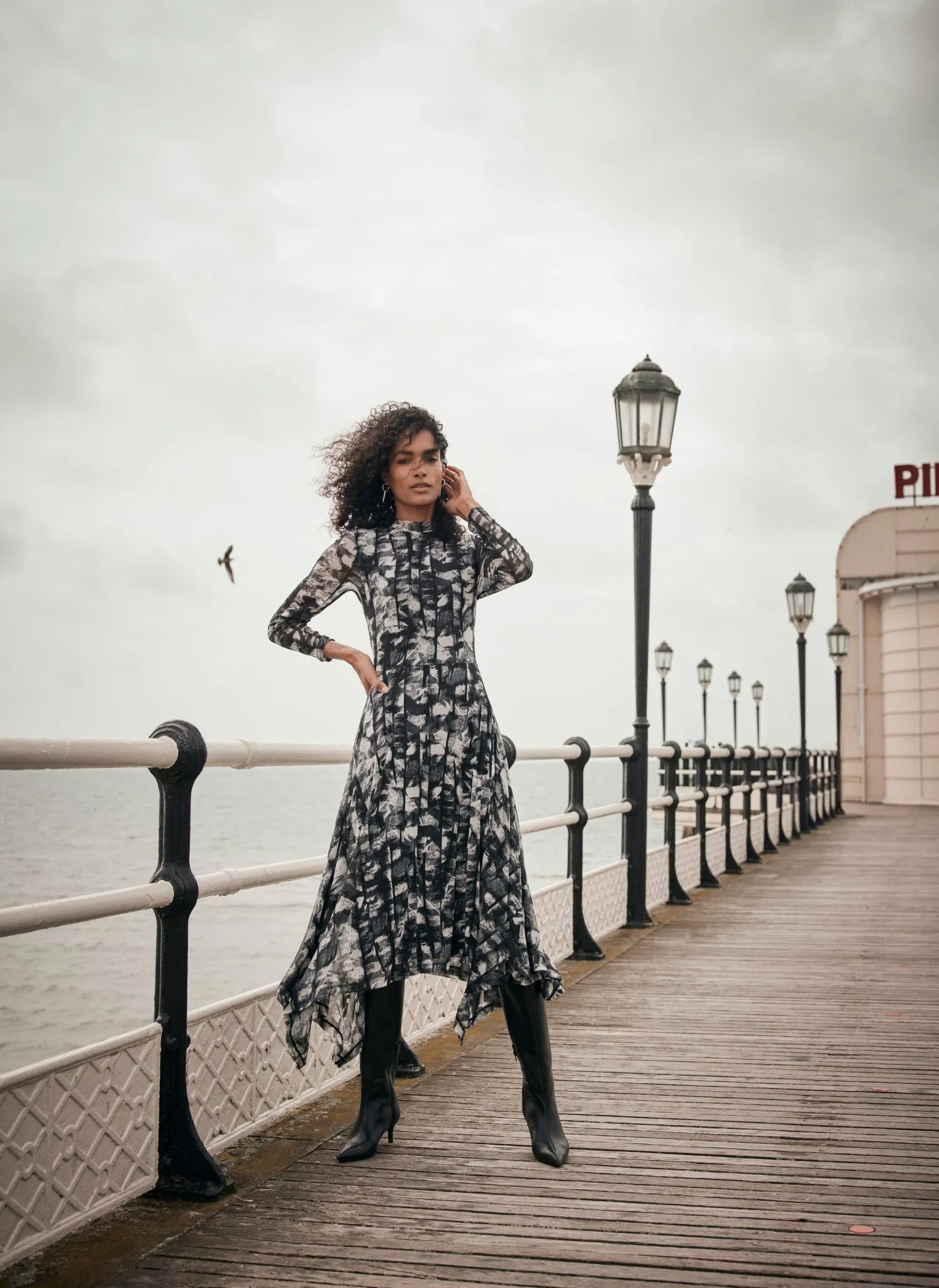 Black Abstract Print Asymmetric Mesh Midi Dress sold by Mint Velvet product image thumbnail 5